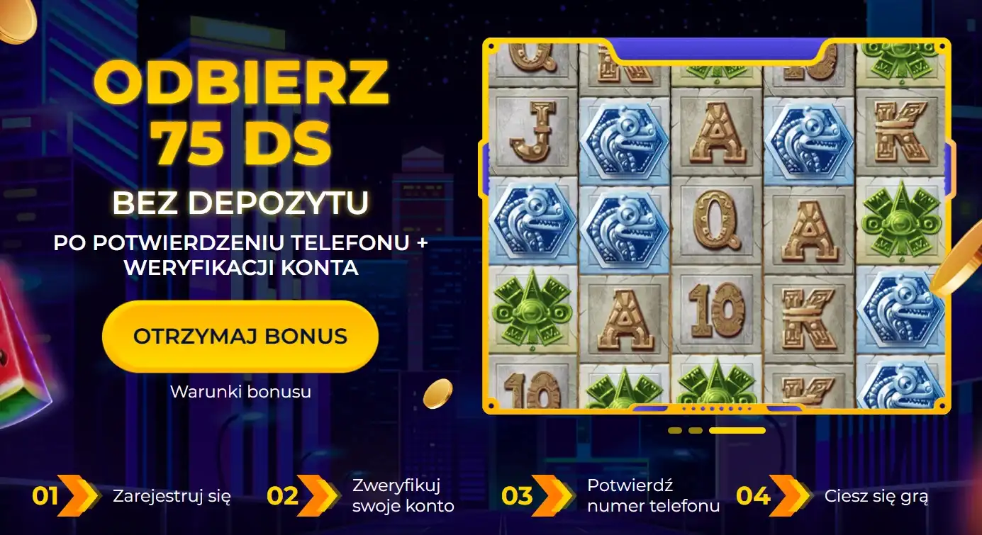 Spin City bonus 75 DS bez depozytu po potwierdzeniu telefonu i konta
